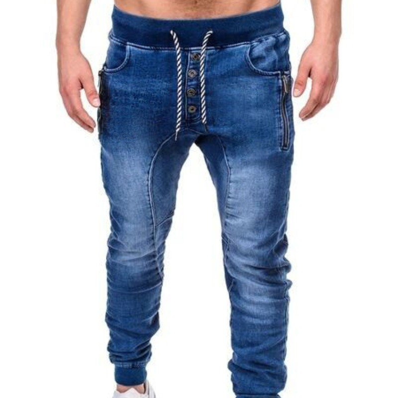 2023 Spring Popular European And American Men's Sports Middle Waisted Skiny Tie Casual Jeans
