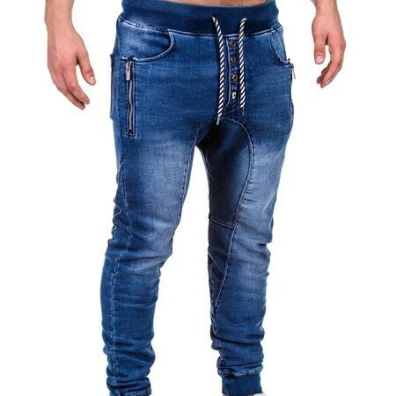 2023 Spring Popular European And American Men's Sports Middle Waisted Skiny Tie Casual Jeans