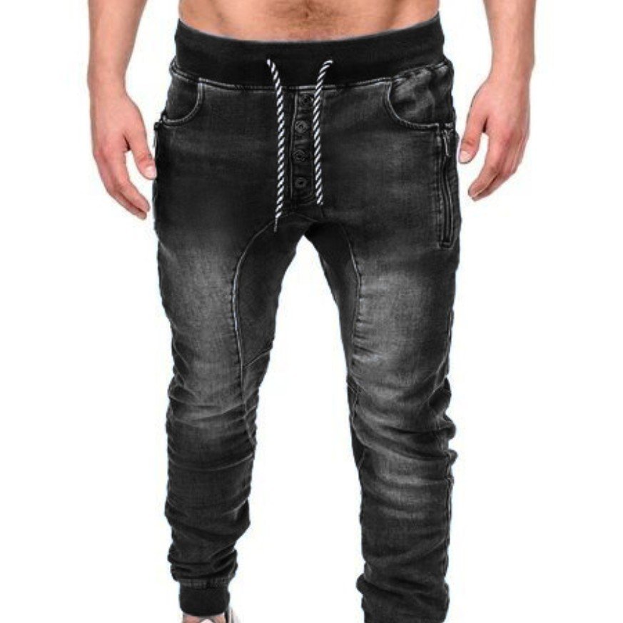 2023 Spring Popular European And American Men's Sports Middle Waisted Skiny Tie Casual Jeans
