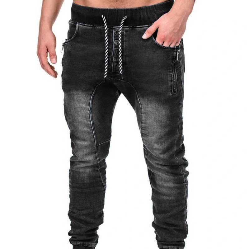 2023 Spring Popular European And American Men's Sports Middle Waisted Skiny Tie Casual Jeans