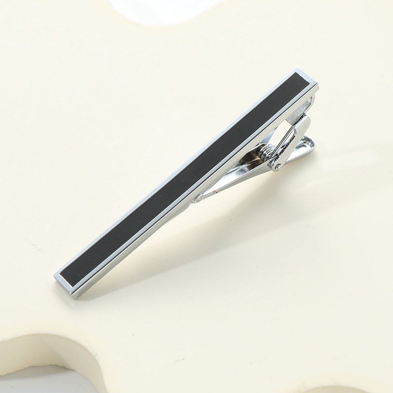 Silver Plated Copper Tie Clip and Cufflinks Set with Black Enamel Business Suit & Party Accessory for Men for Engagement