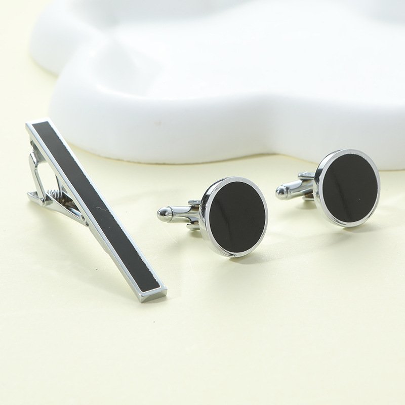 Silver Plated Copper Tie Clip and Cufflinks Set with Black Enamel Business Suit & Party Accessory for Men for Engagement