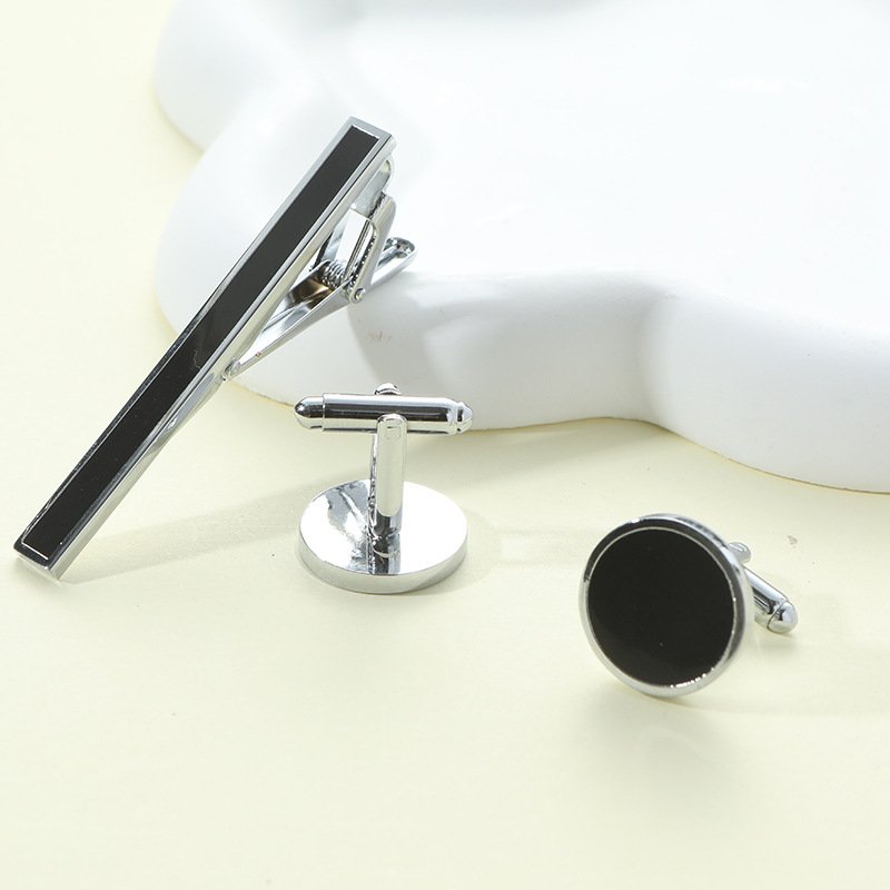 Silver Plated Copper Tie Clip and Cufflinks Set with Black Enamel Business Suit & Party Accessory for Men for Engagement