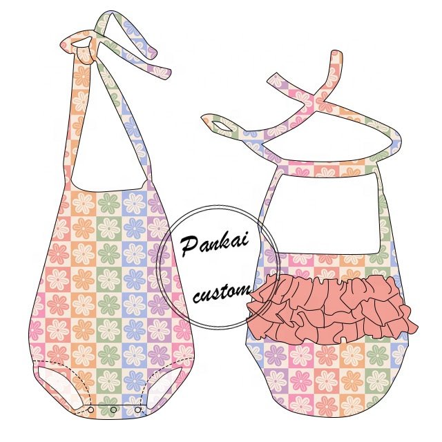 Wholesale custom Printed Baby Girls Romper Tie Up Backless Sleeveless Kids Baby Bubble Leotard With Ruffle