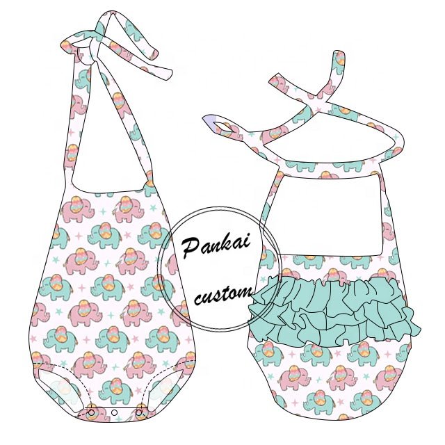 Wholesale custom Printed Baby Girls Romper Tie Up Backless Sleeveless Kids Baby Bubble Leotard With Ruffle