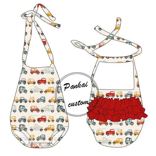 Wholesale custom Printed Baby Girls Romper Tie Up Backless Sleeveless Kids Baby Bubble Leotard With Ruffle