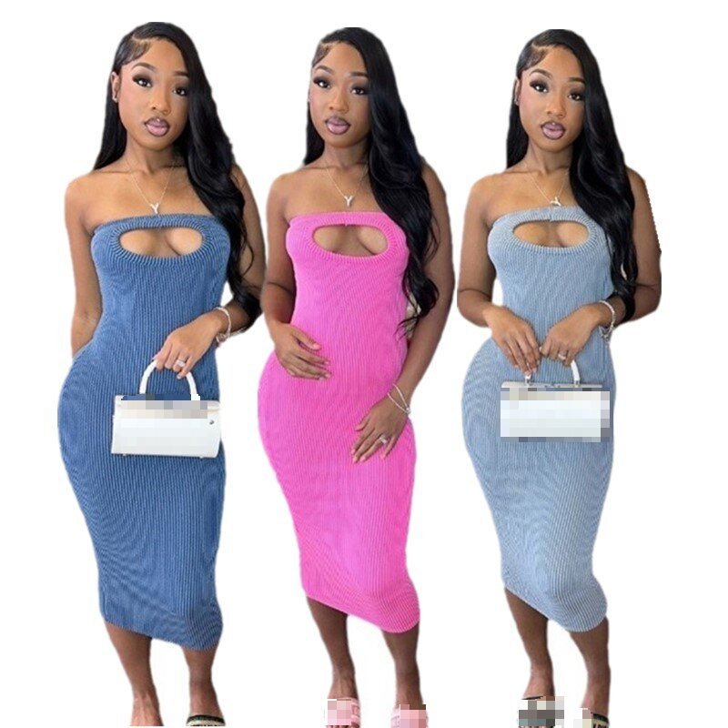 Kilig Summer New Arrival Stretch Ribbed Backless Strapless Dress Solid Bodycon Hollow Tube Maxi Dress Ladies Women