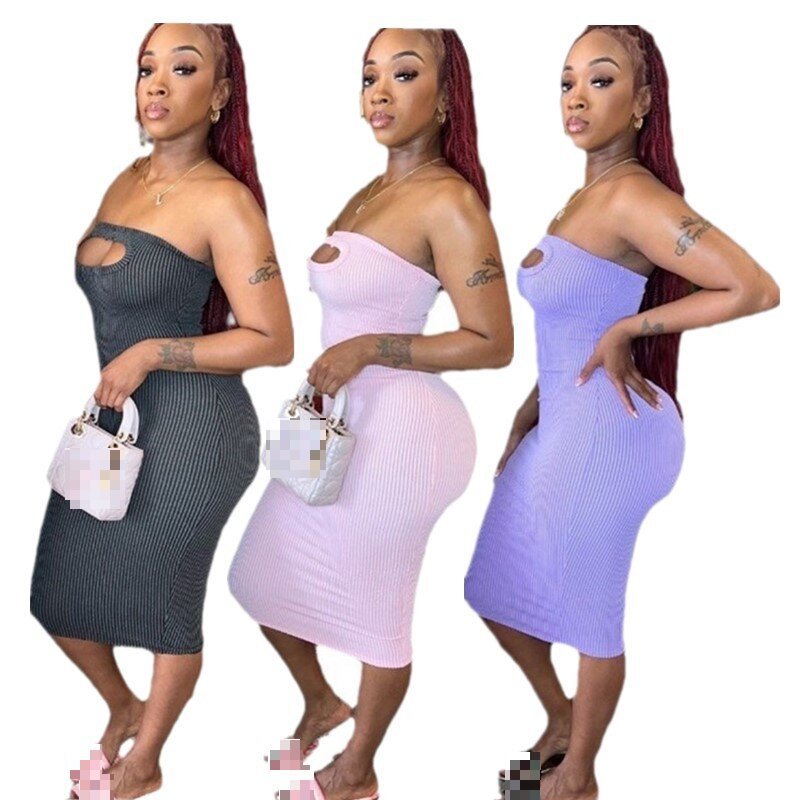Kilig Summer New Arrival Stretch Ribbed Backless Strapless Dress Solid Bodycon Hollow Tube Maxi Dress Ladies Women