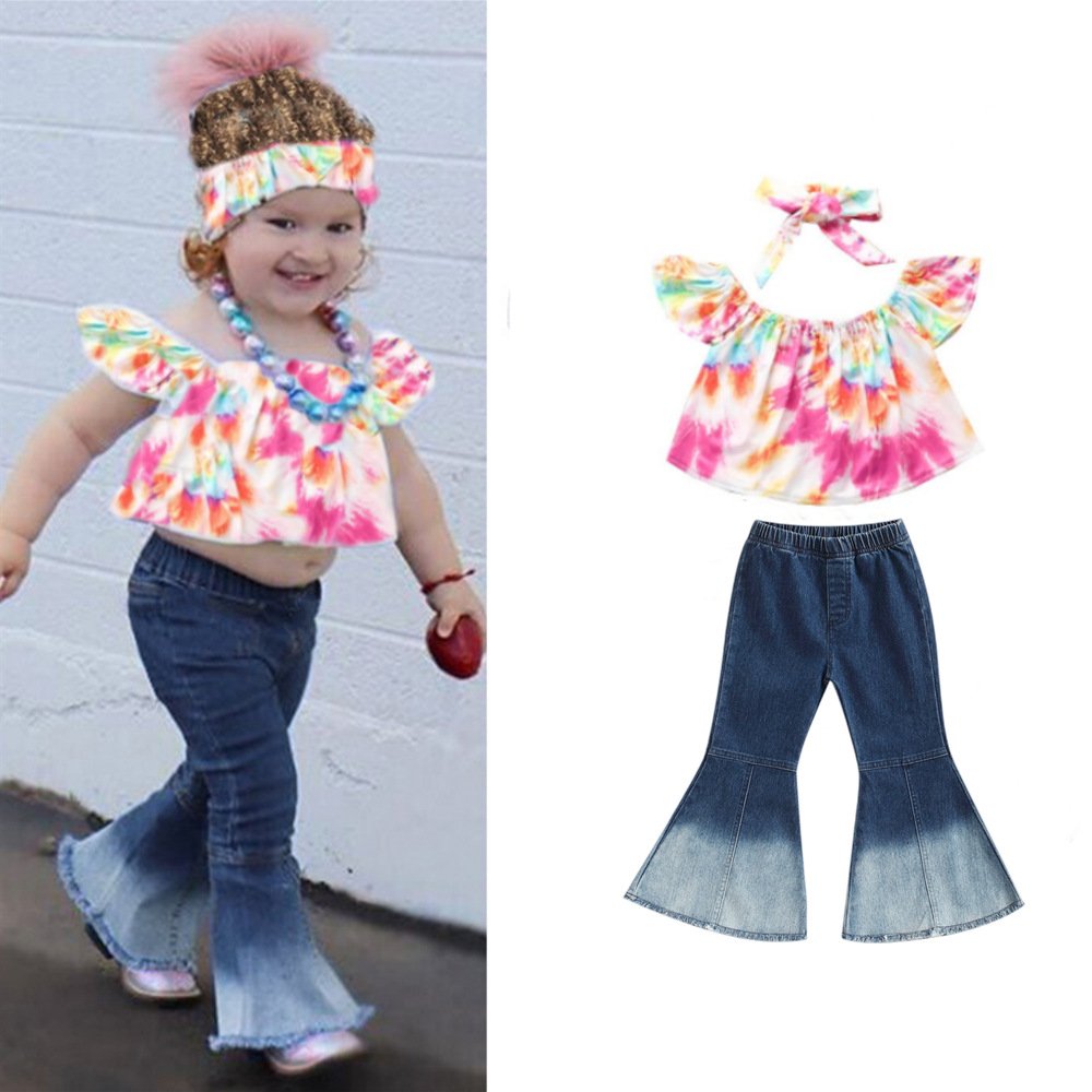 Children's Girl Clothes Fashion Tie Dyeing Short Sleeve Top Denim Bell Pants Three-Piece Girl Suit