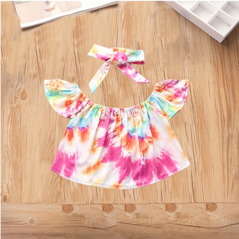 Children's Girl Clothes Fashion Tie Dyeing Short Sleeve Top Denim Bell Pants Three-Piece Girl Suit