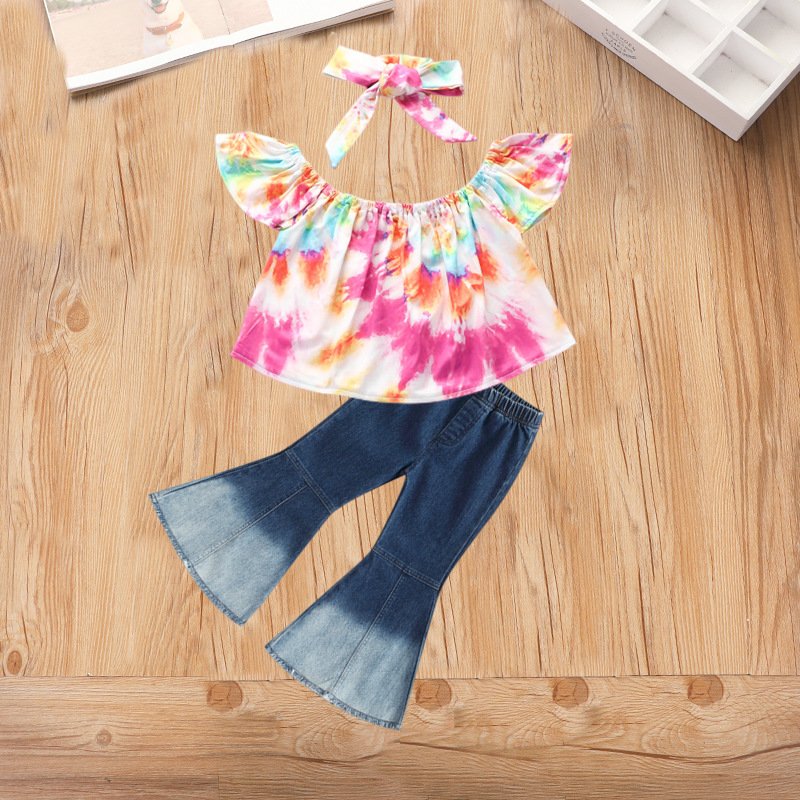 Children's Girl Clothes Fashion Tie Dyeing Short Sleeve Top Denim Bell Pants Three-Piece Girl Suit
