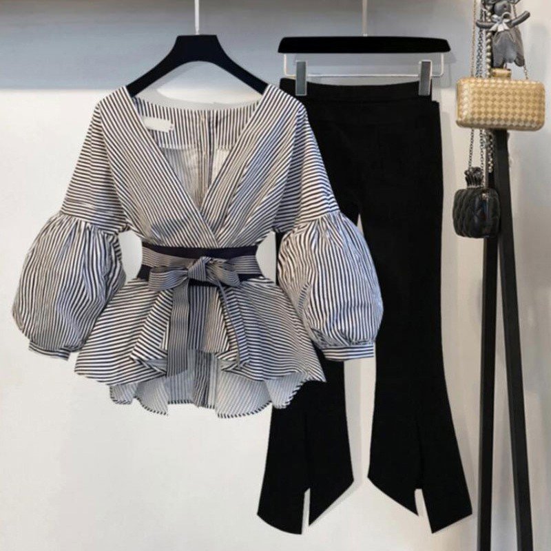 S-3XL Women Korean Summer Office 2 Piece Set V-neck Lantern Sleeve Bow Striped Blouse Shirt + Split Pencil Flare Pant SET