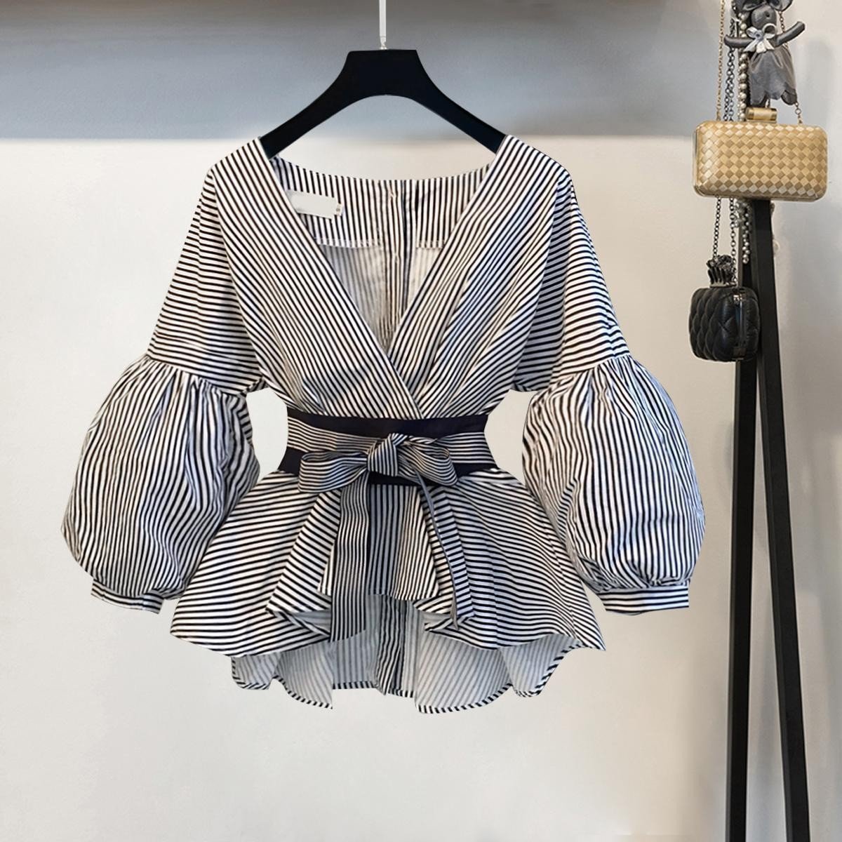 S-3XL Women Korean Summer Office 2 Piece Set V-neck Lantern Sleeve Bow Striped Blouse Shirt + Split Pencil Flare Pant SET