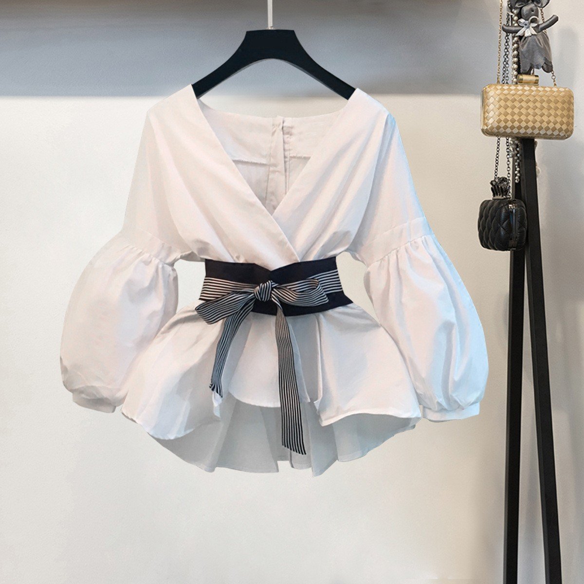 S-3XL Women Korean Summer Office 2 Piece Set V-neck Lantern Sleeve Bow Striped Blouse Shirt + Split Pencil Flare Pant SET
