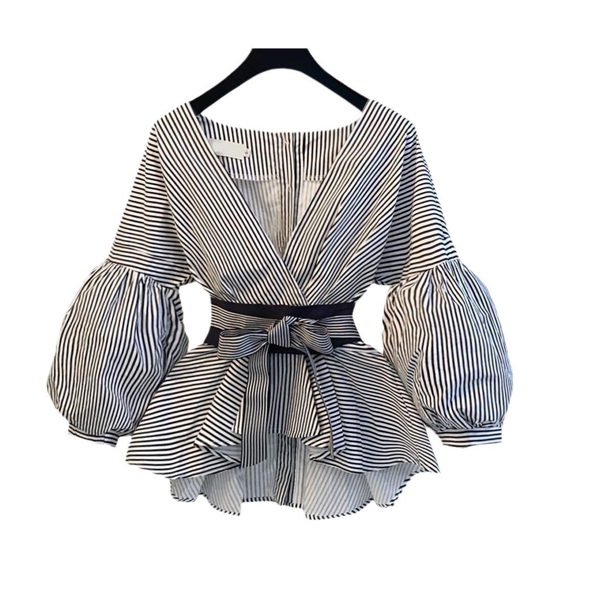 S-3XL Women Korean Summer Office 2 Piece Set V-neck Lantern Sleeve Bow Striped Blouse Shirt + Split Pencil Flare Pant SET