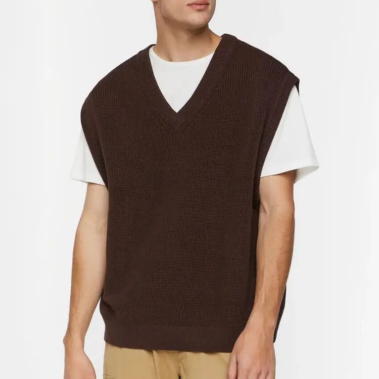 Wholesale Custom Logo Casual Men's Jacquard Knit Tank Tops Plain Sweater Cotton Knitted V Neck Sleeveless Sweater Vest For Men
