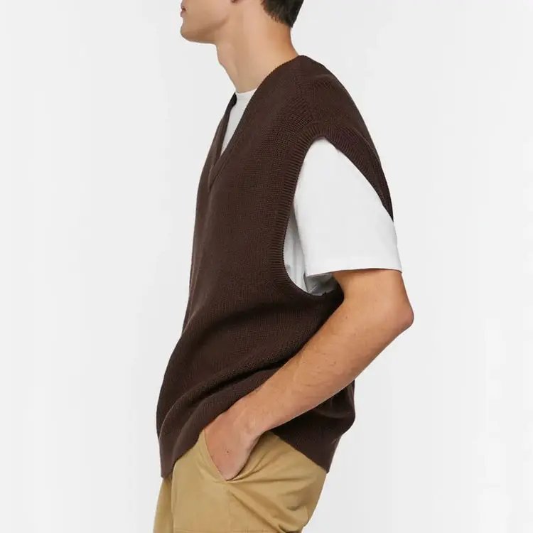 Wholesale Custom Logo Casual Men's Jacquard Knit Tank Tops Plain Sweater Cotton Knitted V Neck Sleeveless Sweater Vest For Men