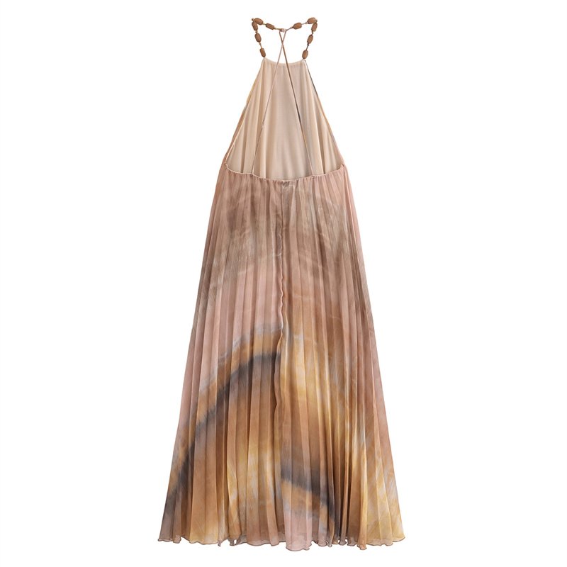 ZATRHMBM Women 2024 Summer New Fashion Tie-dye Print Midi Dress Vintage Halter Collar Backless Female Dresses Vestidos Mujer