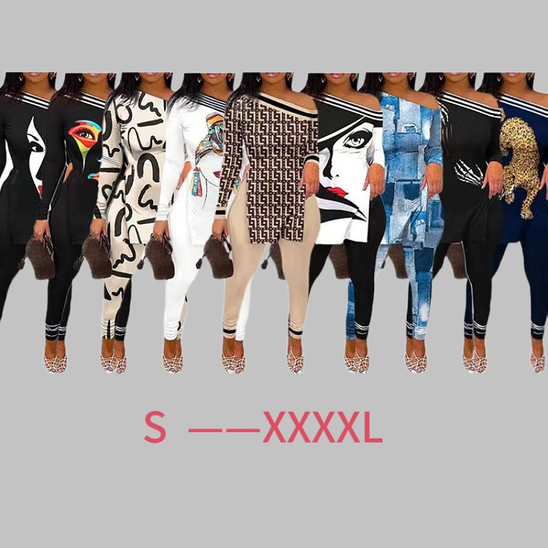 spring fall winter plus size women's clothing new print split hem ladies long sleeve t shirt top pants two piece women sets