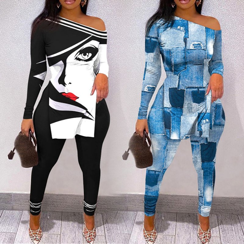 spring fall winter plus size women's clothing new print split hem ladies long sleeve t shirt top pants two piece women sets