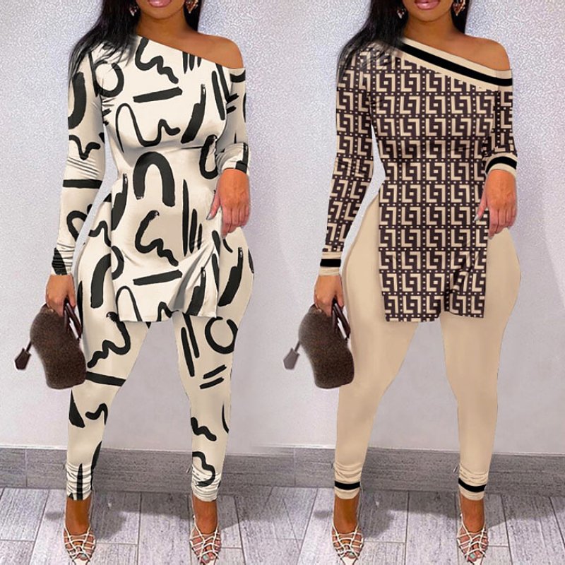 spring fall winter plus size women's clothing new print split hem ladies long sleeve t shirt top pants two piece women sets