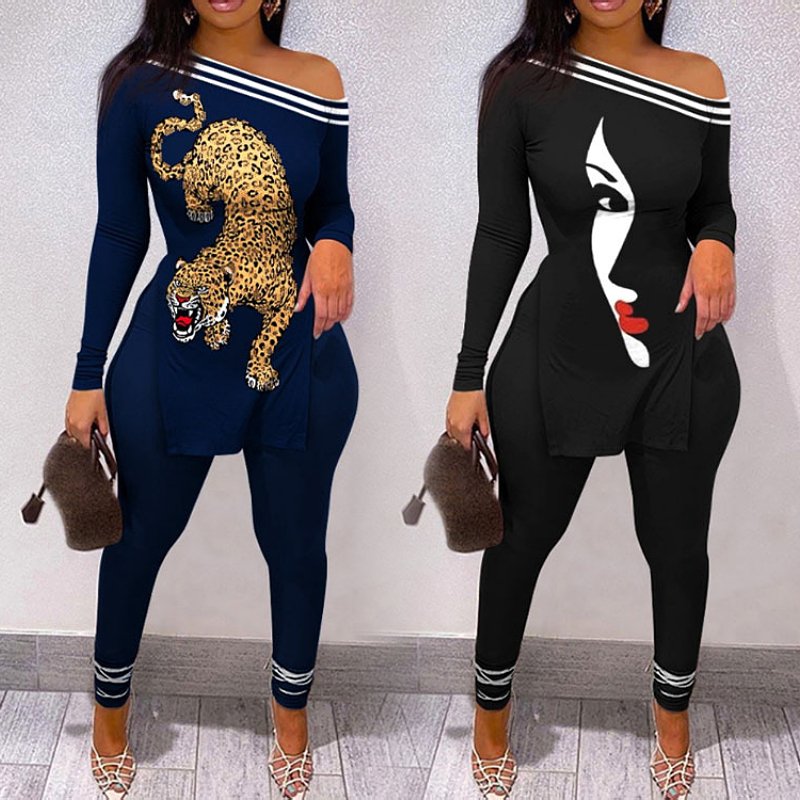 spring fall winter plus size women's clothing new print split hem ladies long sleeve t shirt top pants two piece women sets