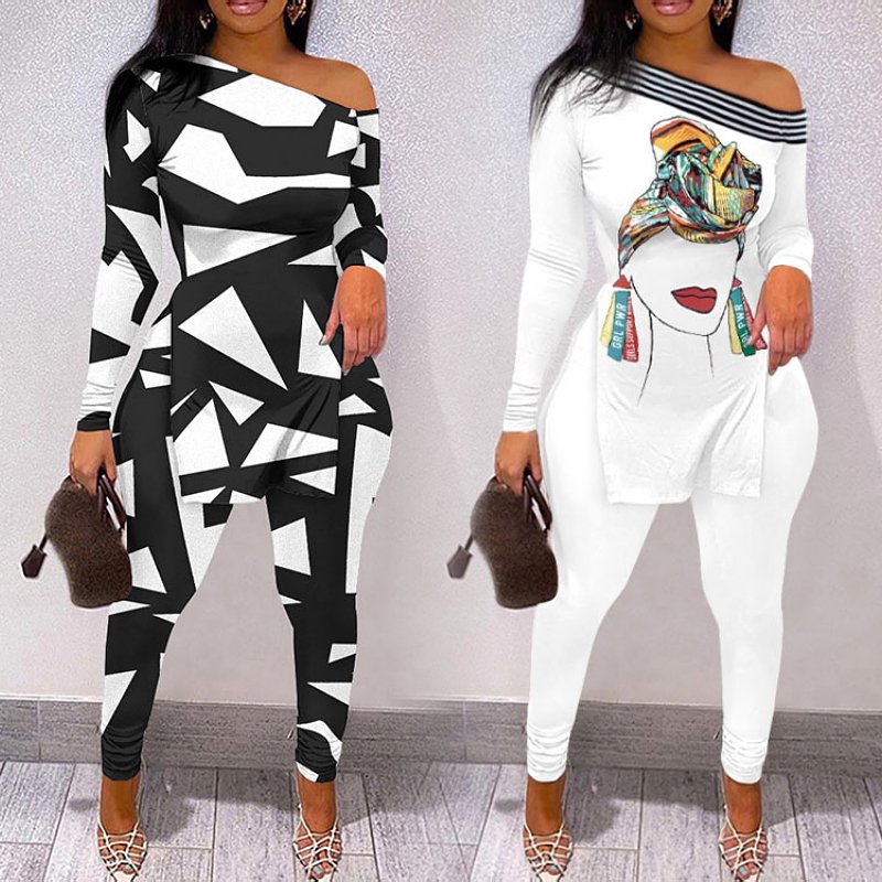 spring fall winter plus size women's clothing new print split hem ladies long sleeve t shirt top pants two piece women sets