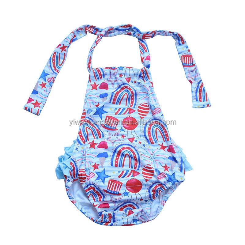 Wholesale Summer July 4th Printed Kids Girls Romper Tie Up Backless Sleeveless Toddler Baby Bubble With Ruffle