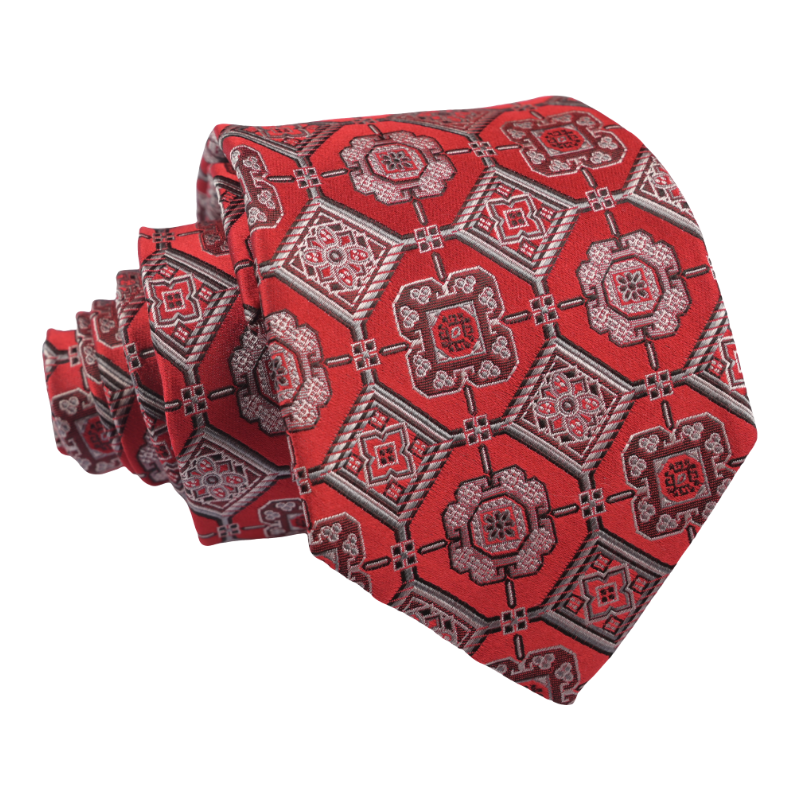 Pure Silk Tie Men Wine Red Geometric Custom 7 Fold Neckties