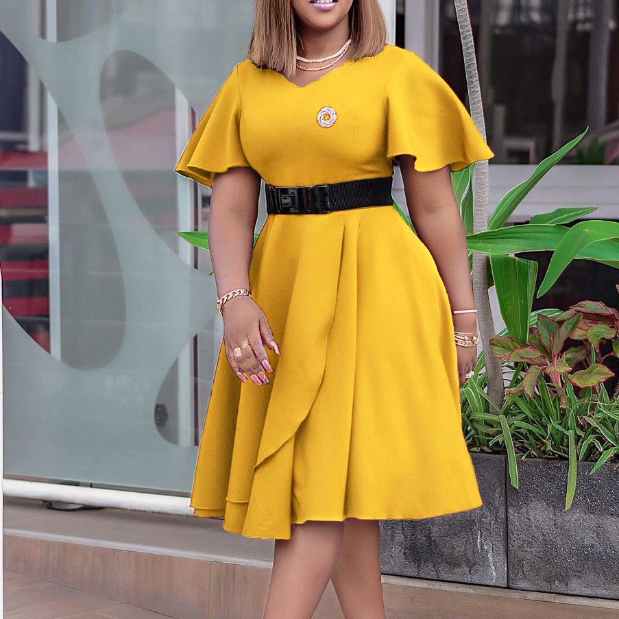 women's clothing ladies bell sleeve solid color dresses women lady elegant plus size casual dress