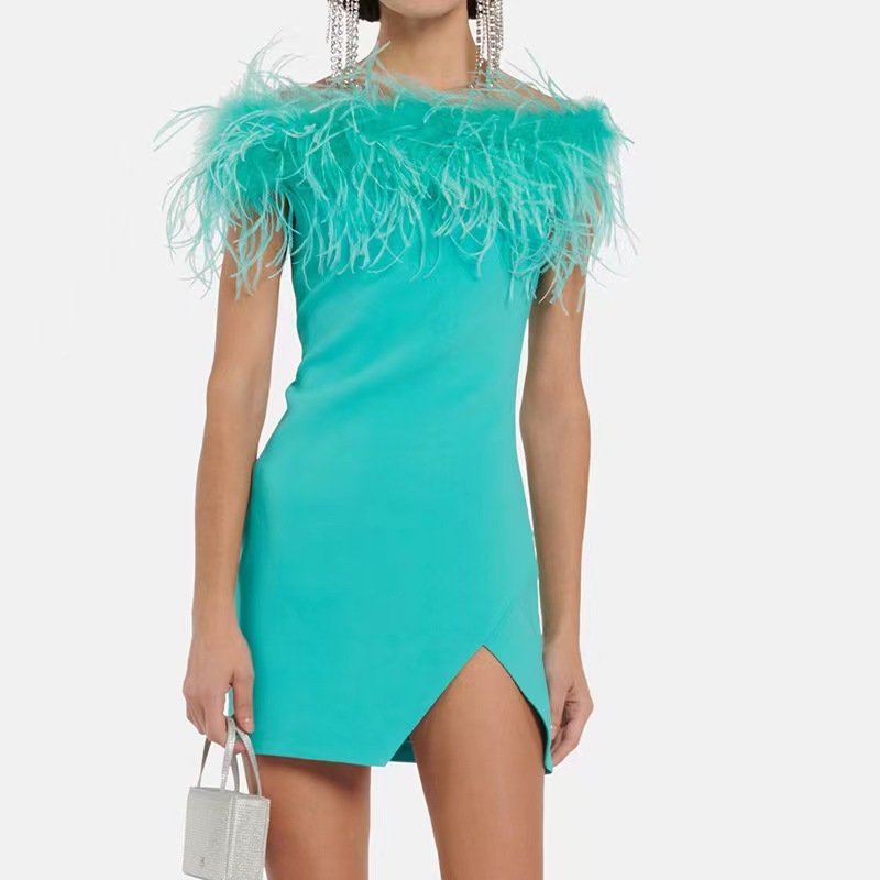 Women Luxury Evening Elegance Luxury Feather One Shoulder Cocktail Dresses Party Dress