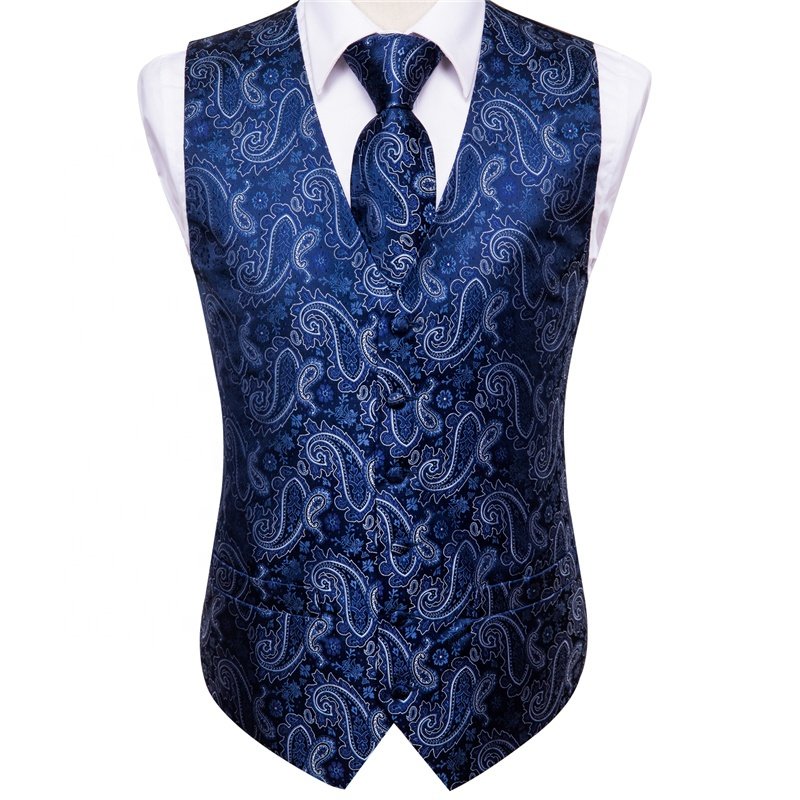Plus Size Men's Vest & Tie Set, Classic 3pcs Paisley Vest And Necktie Pocket Square Formal Dress Waistcoat For Suit Or Tuxedo