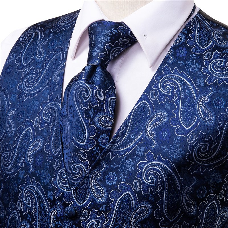 Plus Size Men's Vest & Tie Set, Classic 3pcs Paisley Vest And Necktie Pocket Square Formal Dress Waistcoat For Suit Or Tuxedo