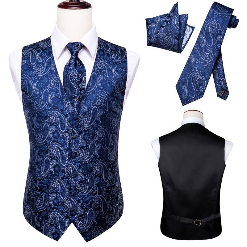 Plus Size Men's Vest & Tie Set, Classic 3pcs Paisley Vest And Necktie Pocket Square Formal Dress Waistcoat For Suit Or Tuxedo