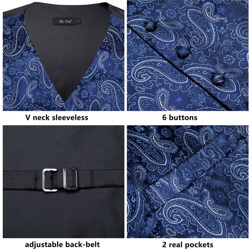 Plus Size Men's Vest & Tie Set, Classic 3pcs Paisley Vest And Necktie Pocket Square Formal Dress Waistcoat For Suit Or Tuxedo