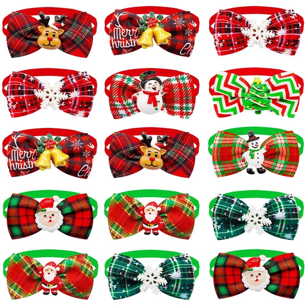 Plaid Pattern Pet Christmas Tie Xmas Cat Dog Bowtie Adjustable Dog Collar Accessories