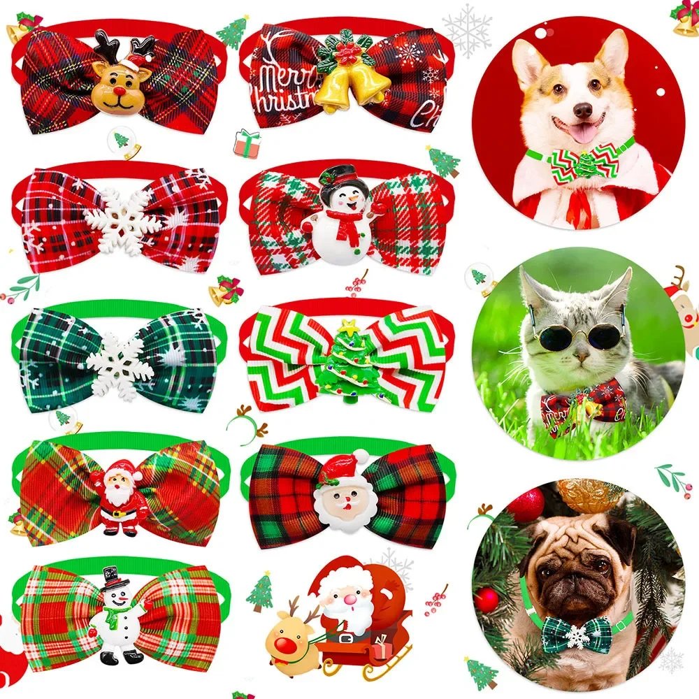 Plaid Pattern Pet Christmas Tie Xmas Cat Dog Bowtie Adjustable Dog Collar Accessories