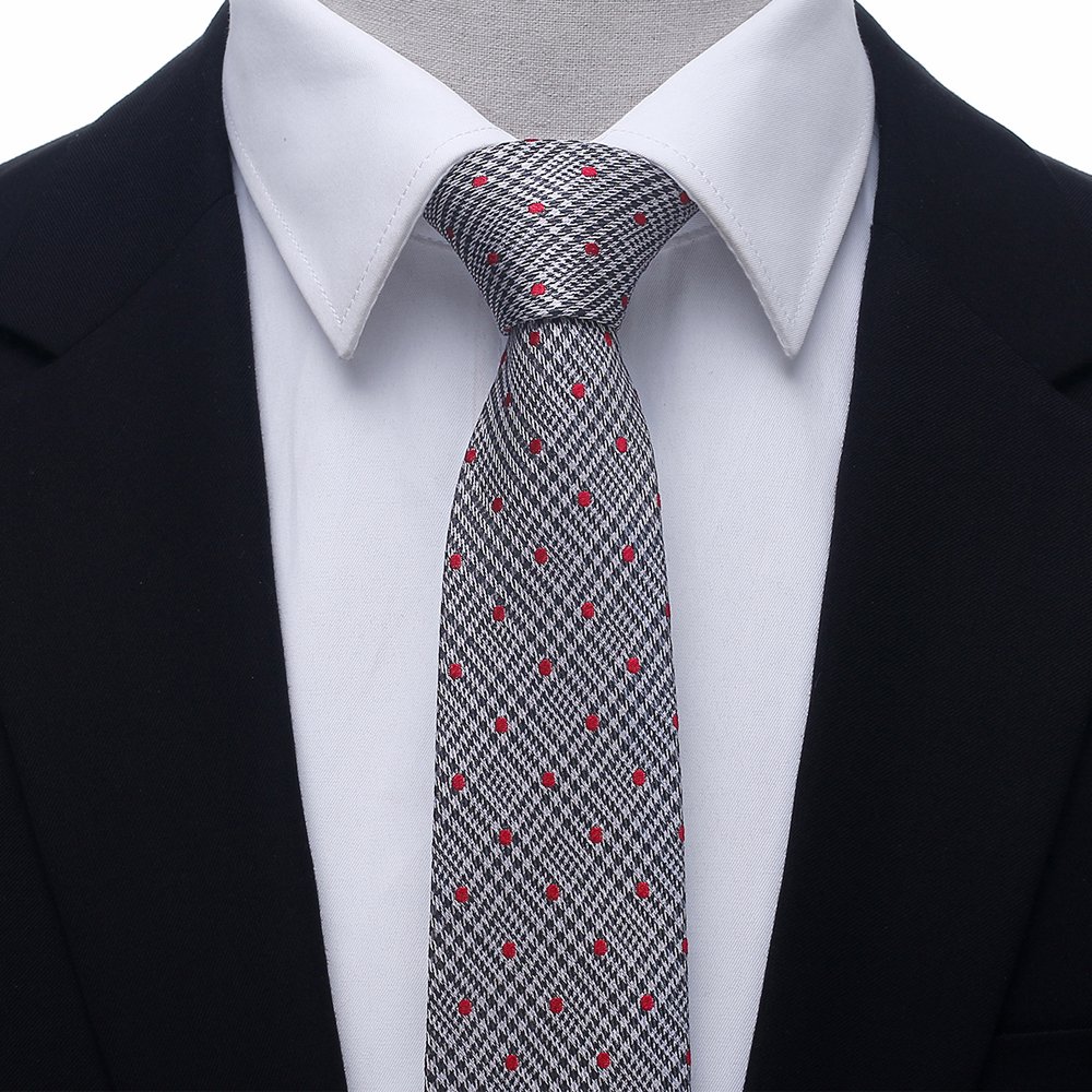 Handsome 100% Silk Plaid Dot Tie Set 6.5CM Gray Pleated Necktie Gravata Pocket Square Tie for Men Party Grrom Wedding