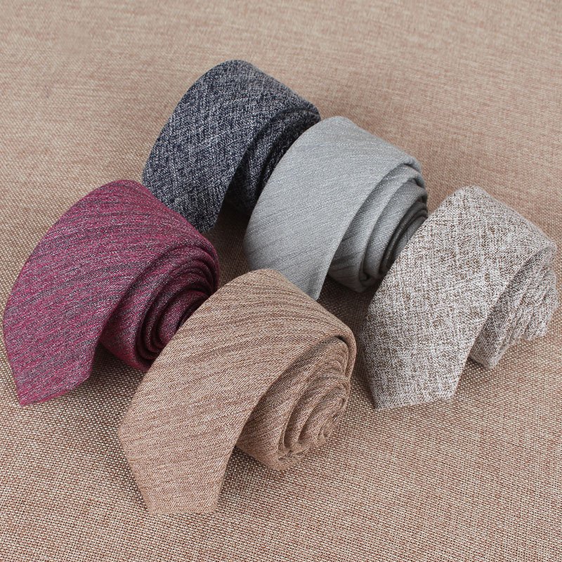 Men Skinny Wedding Necktie Fashion Business Casual High Quality Cotton Linen Solid Color 6cm Narrow Ties