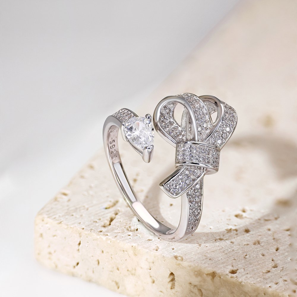 Dylam New Arrival Stylish S925 Silver Jewelry Rhodium Plated Resizable 5A Cubic Zirconia Sparkling Adjustable Bow Tie Rings