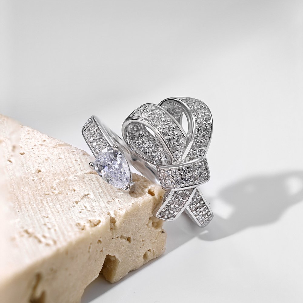 Dylam New Arrival Stylish S925 Silver Jewelry Rhodium Plated Resizable 5A Cubic Zirconia Sparkling Adjustable Bow Tie Rings
