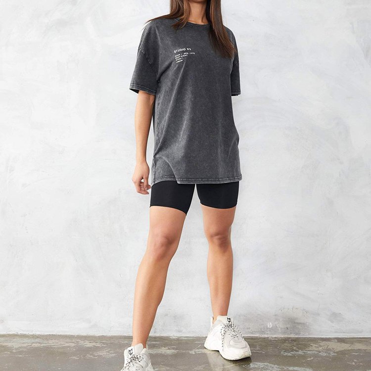 Women's Black Cotton Oversized Acid Wash T-Shirt Short Sleeve O-Neck Print Decoration Plus Size Casual Streetwear Style