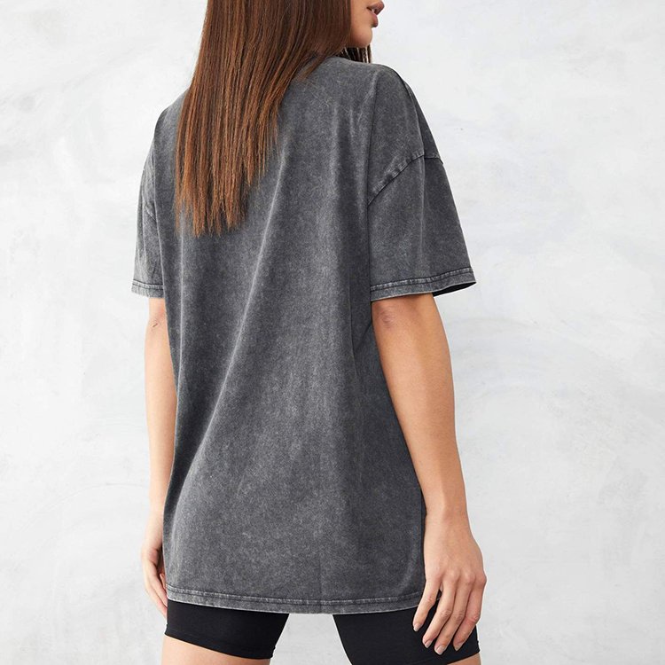 Women's Black Cotton Oversized Acid Wash T-Shirt Short Sleeve O-Neck Print Decoration Plus Size Casual Streetwear Style