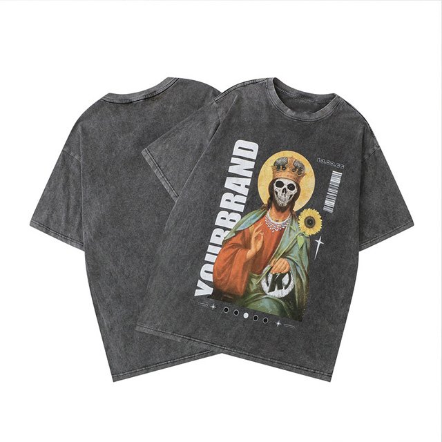Women's Black Cotton Oversized Acid Wash T-Shirt Short Sleeve O-Neck Print Decoration Plus Size Casual Streetwear Style