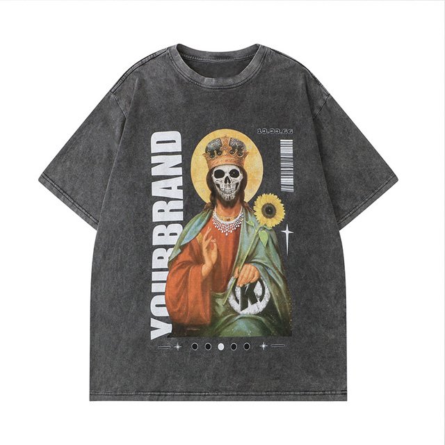 Women's Black Cotton Oversized Acid Wash T-Shirt Short Sleeve O-Neck Print Decoration Plus Size Casual Streetwear Style