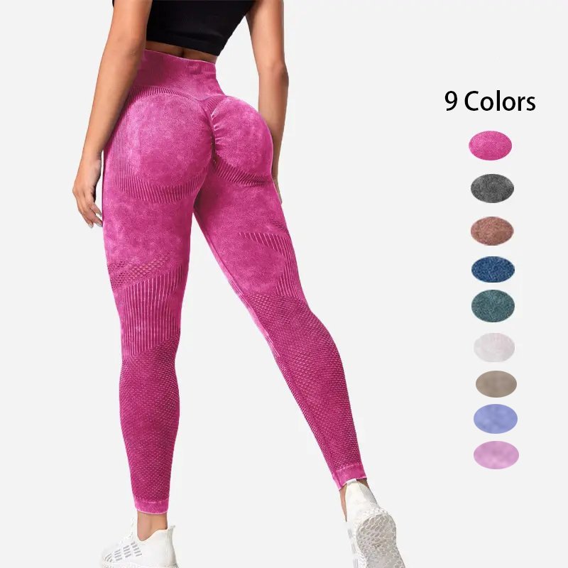 Aoyema New Ribbed Sand Wash Peach Hip Fitness Legging Sports Women's High Waist Hip Lift Seamless Yoga Scrunch Butt Leggings