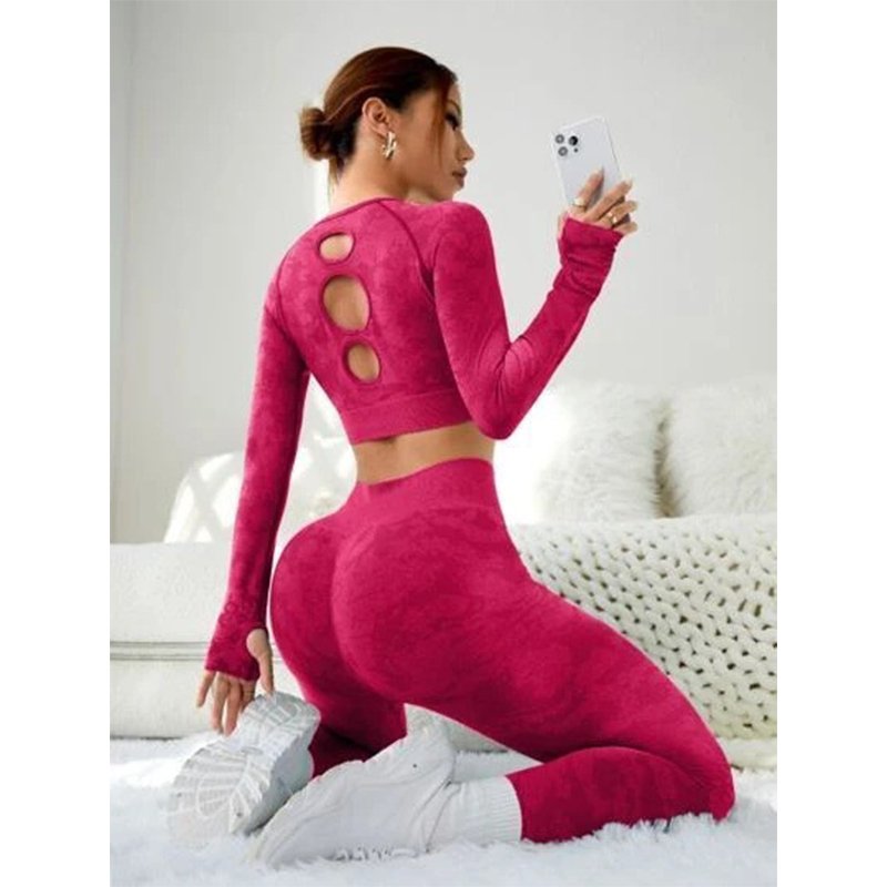 Sexy Workout Seamless Camouflage Hollow Back Long Sleeves High Waist Peach Hip Leggings 2 Pieces Athletic Wear Yoga Set