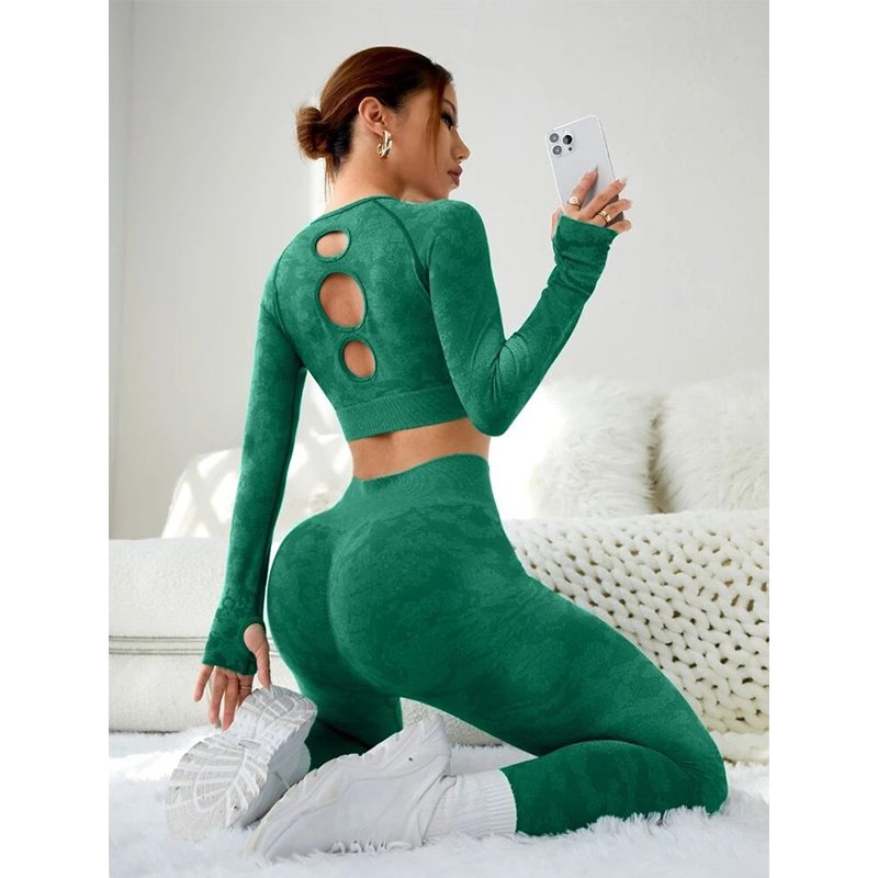 Sexy Workout Seamless Camouflage Hollow Back Long Sleeves High Waist Peach Hip Leggings 2 Pieces Athletic Wear Yoga Set