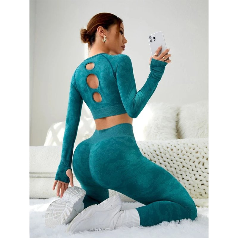 Sexy Workout Seamless Camouflage Hollow Back Long Sleeves High Waist Peach Hip Leggings 2 Pieces Athletic Wear Yoga Set
