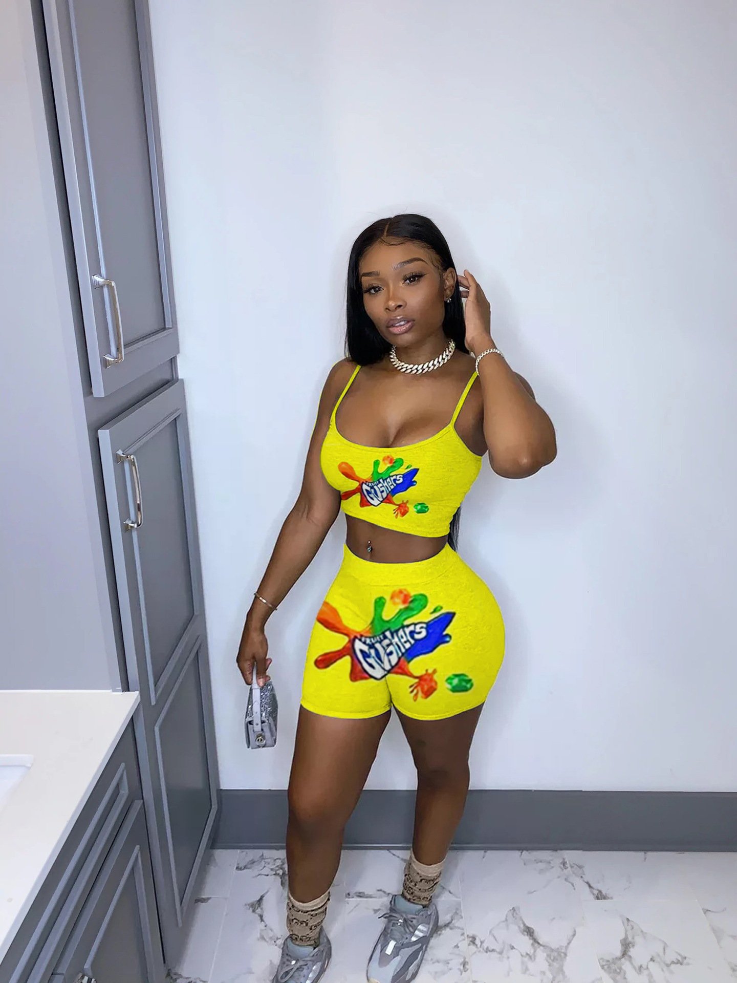 2024 Plus Size High Waisted Elastic Tie Dye Print Women Candy Snack Shorts Set